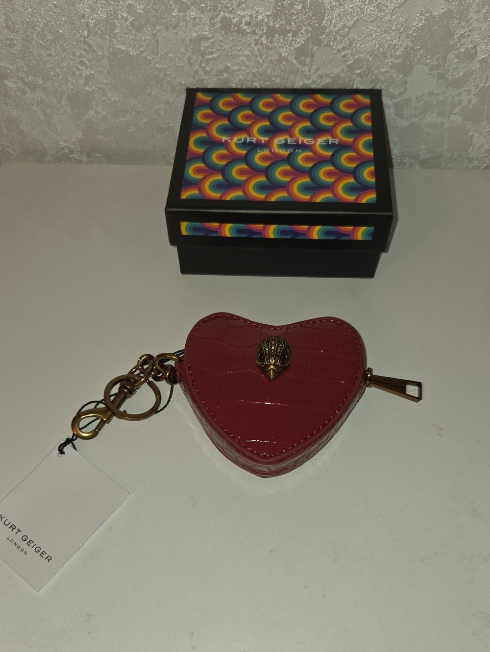 Kurt Geiger Burgundy Heart Coin Purse Keyring with Gold Panther Accent